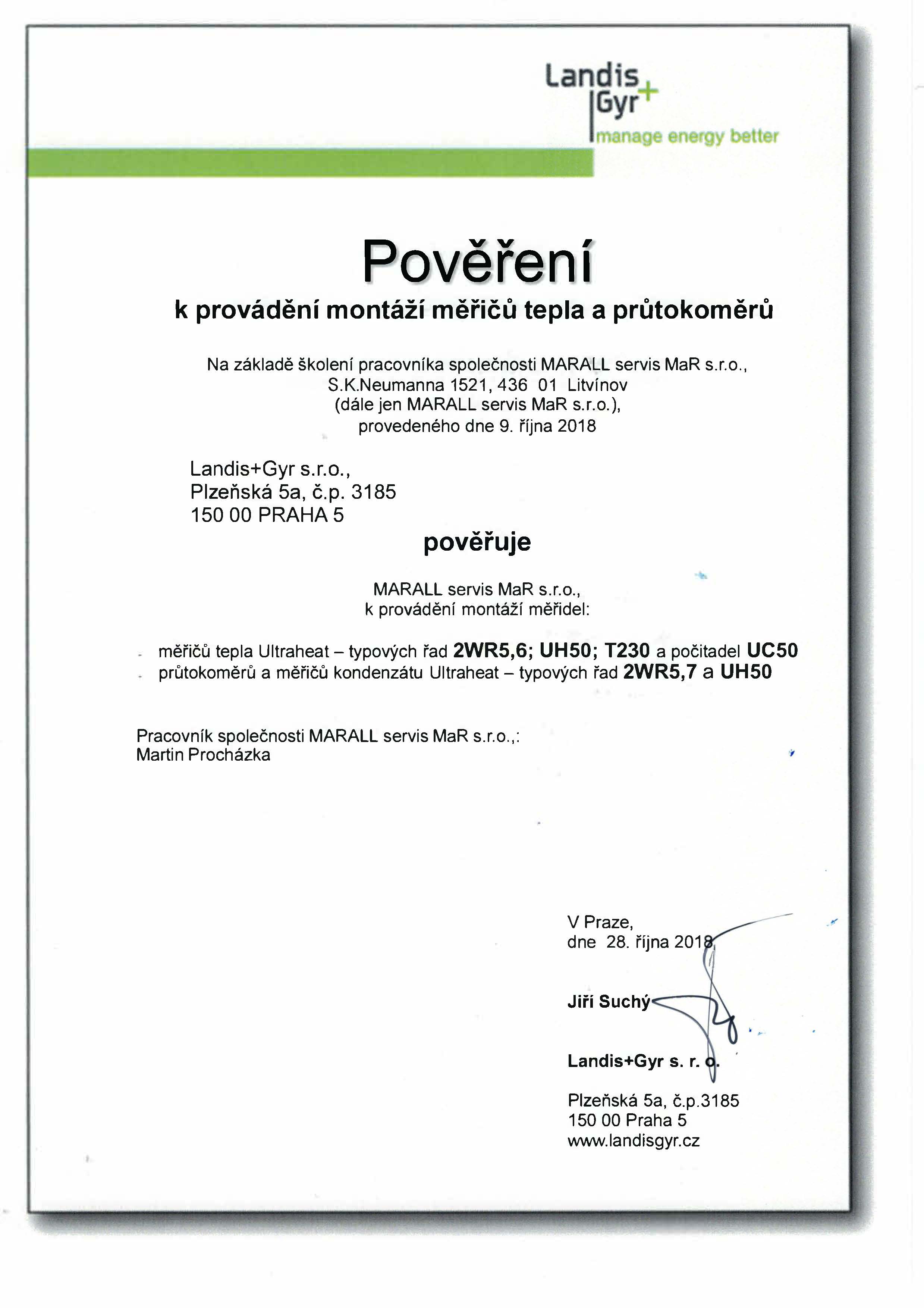 certifikát -Landis Gyr- Procházka