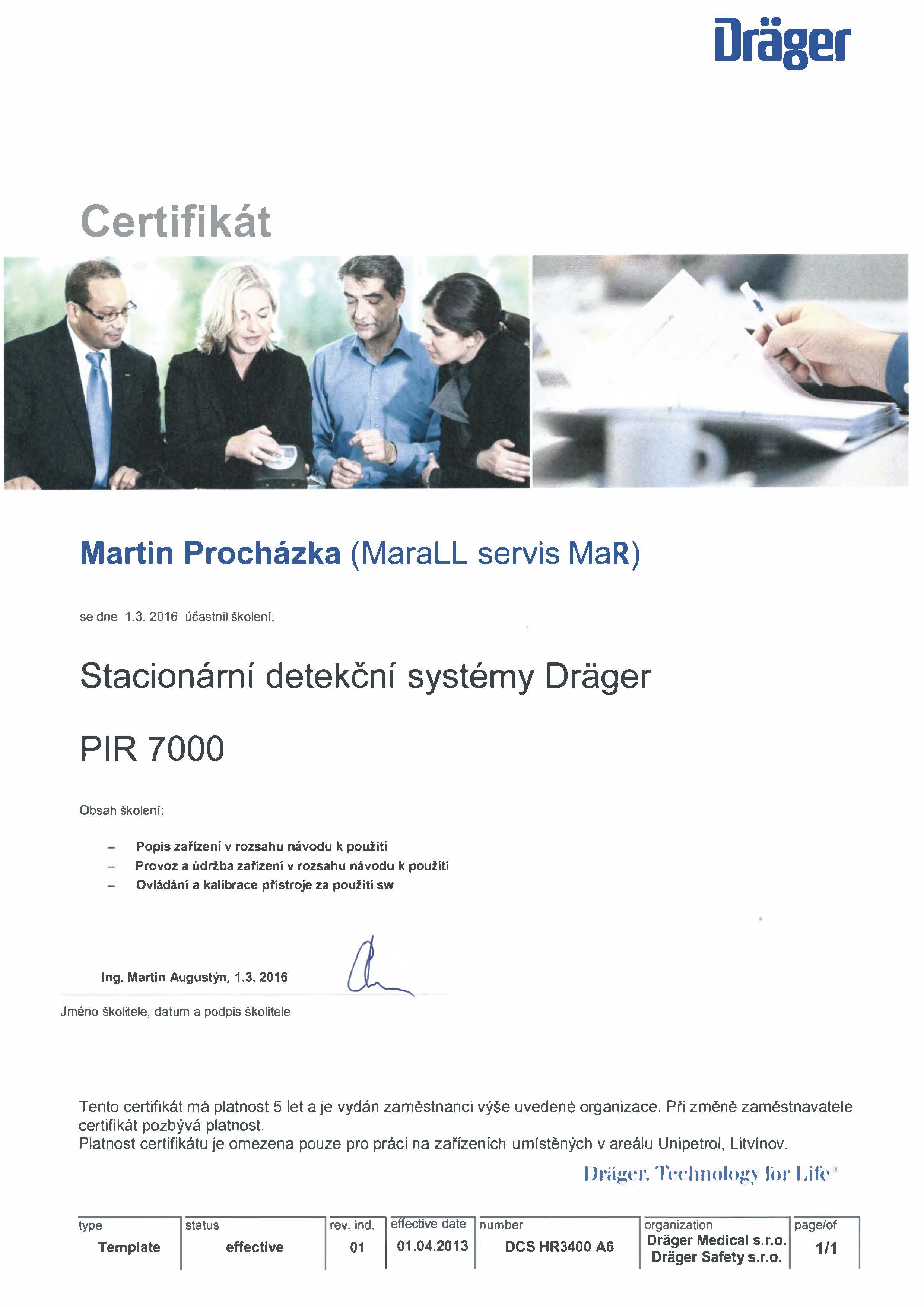 Certifikat M.Procházka Dräger